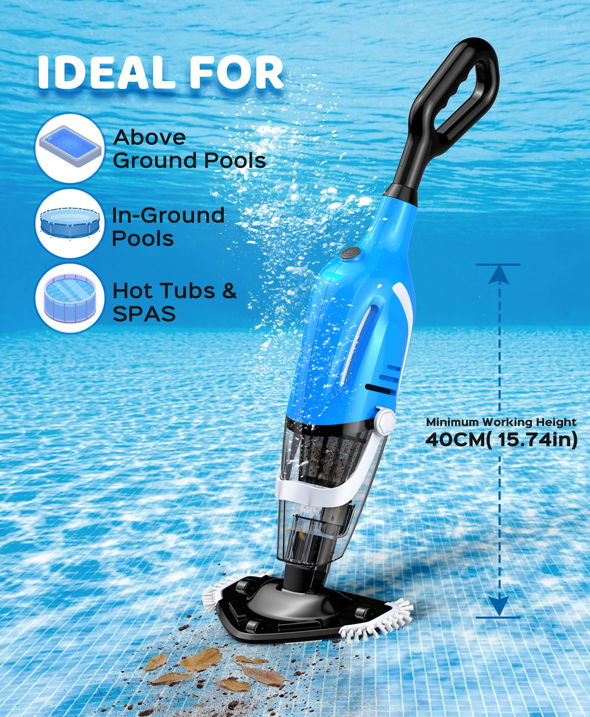 PureSwirlz pool vacuum depth-reach-1to10ft adapts to shallow and deep areas.