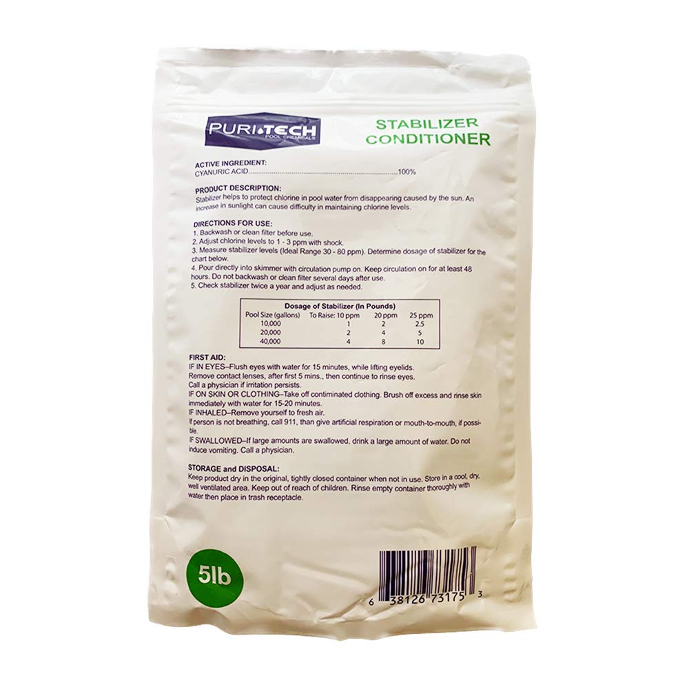 Clear dosage guide shows 1 lb per 10,000 gallons.
