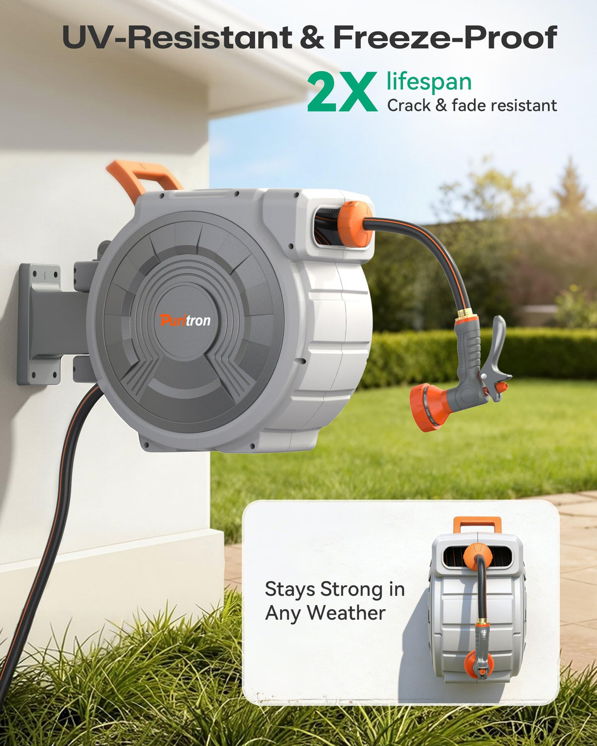 Puritron auto-rewind mechanism for safe, tidy hose storage.