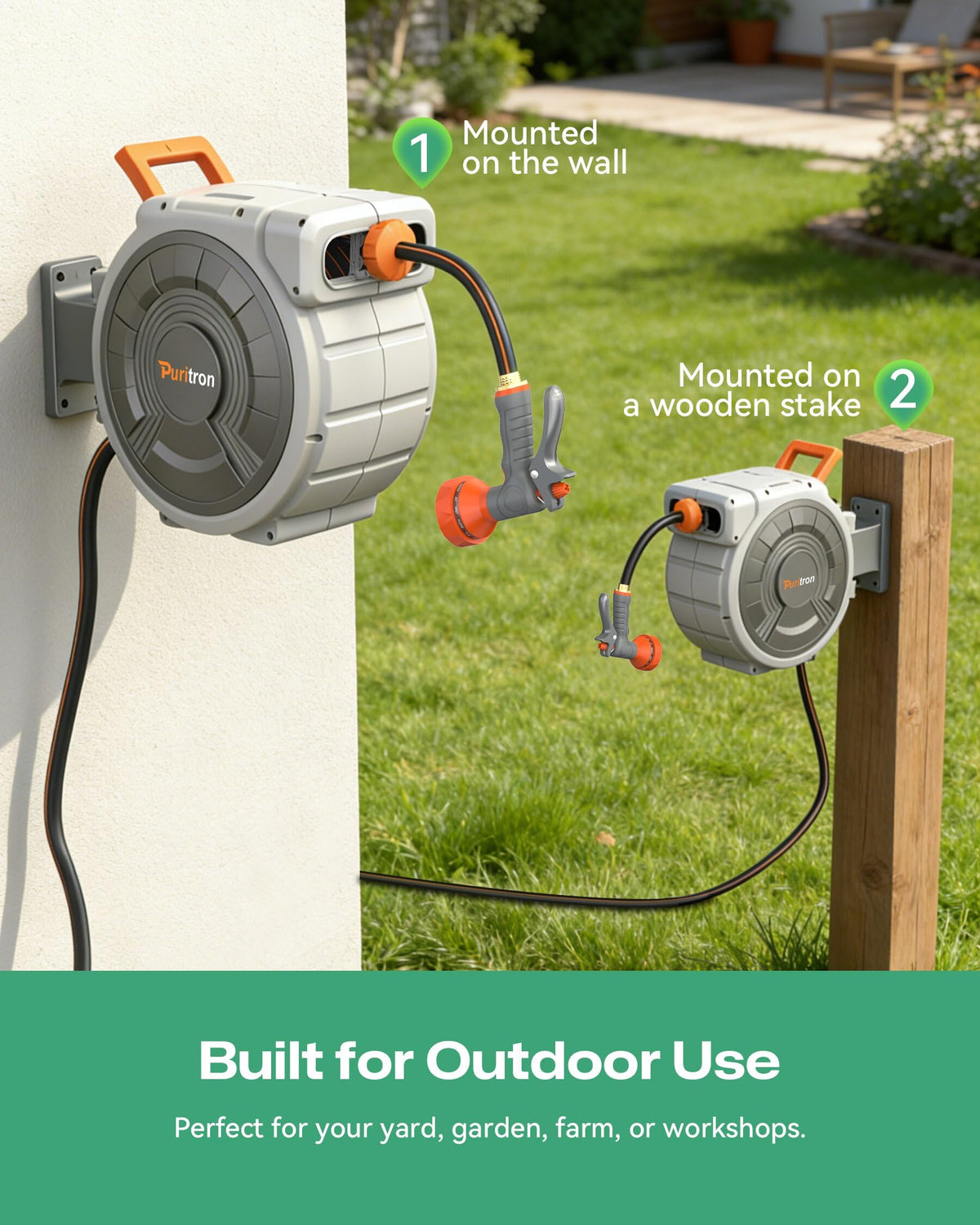 Puritron brass fittings ensure durable hose connections.