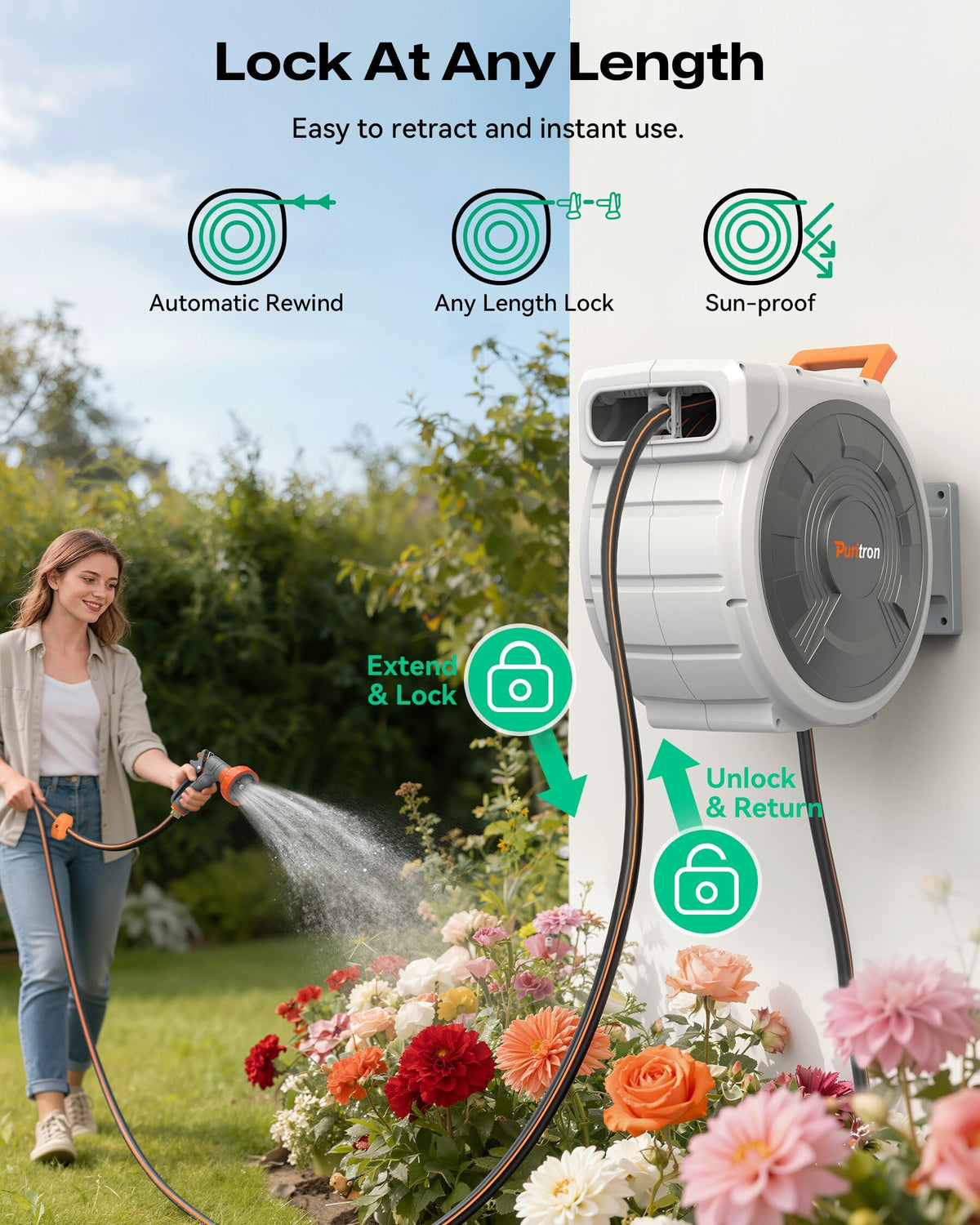 Puritron 3-layer hose resists leaks for steady watering.