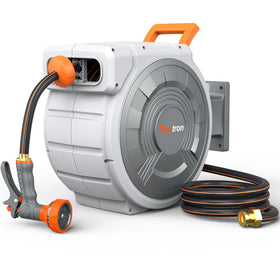Puritron retractable hose reel 85 ft extended reach for large yards.