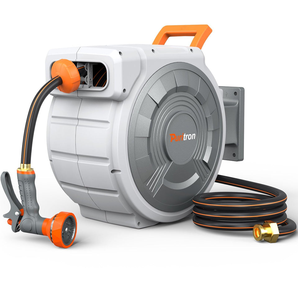 Puritron retractable hose reel 85 ft extended reach for large yards.
