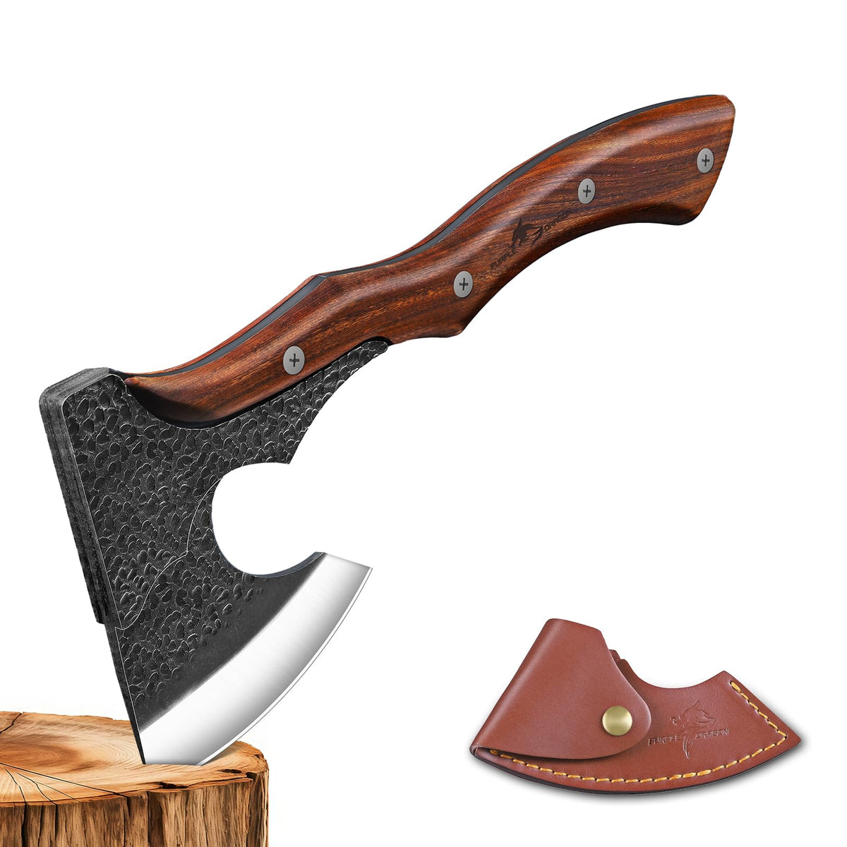 Purple Dragon camping hatchet with sheath for reliable wood chopping on outdoor trips.