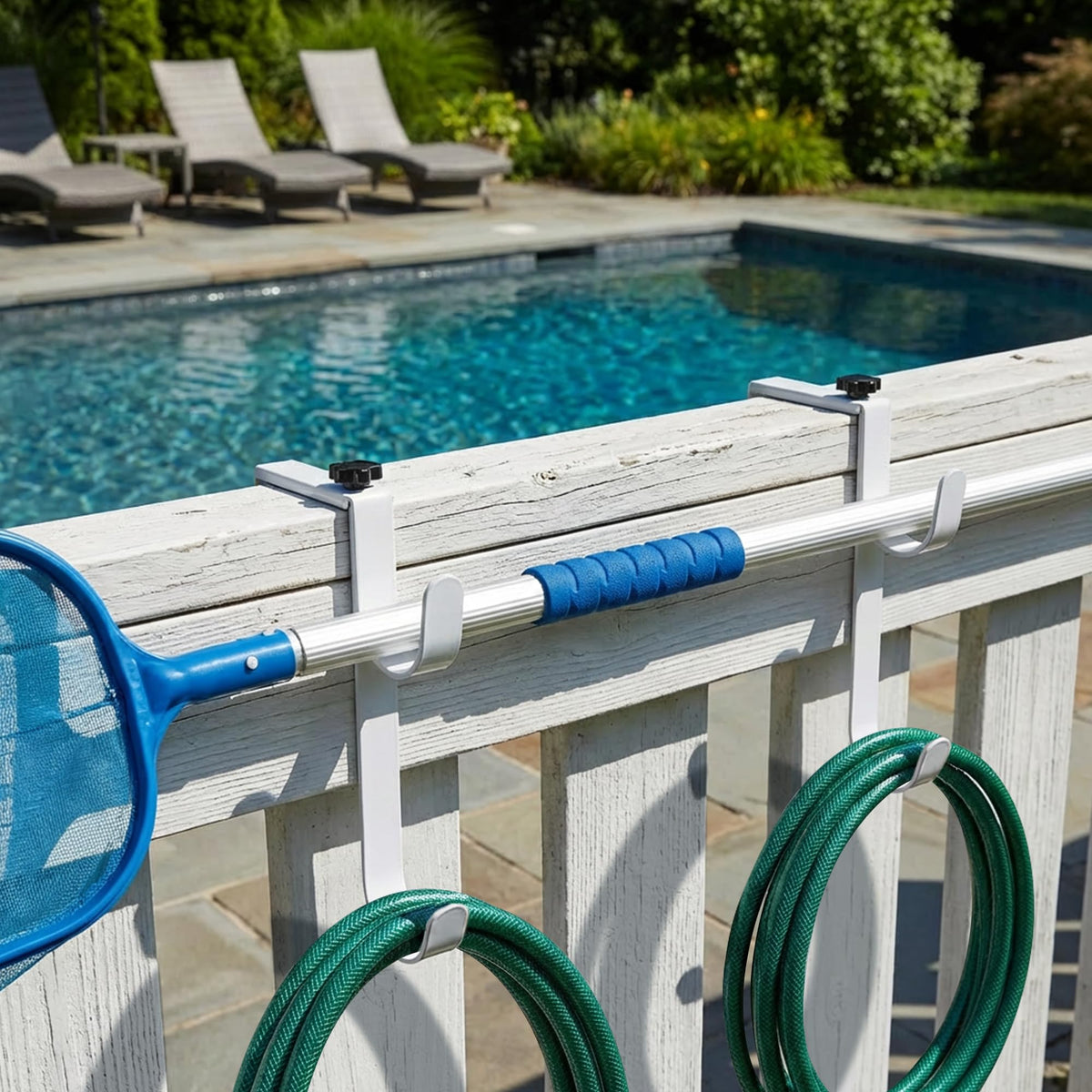 PURPLE STAR 1N adjustable pool hook securing vacuum hose along the fence.