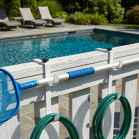 PURPLE STAR 1N adjustable pool hook securing vacuum hose along the fence.