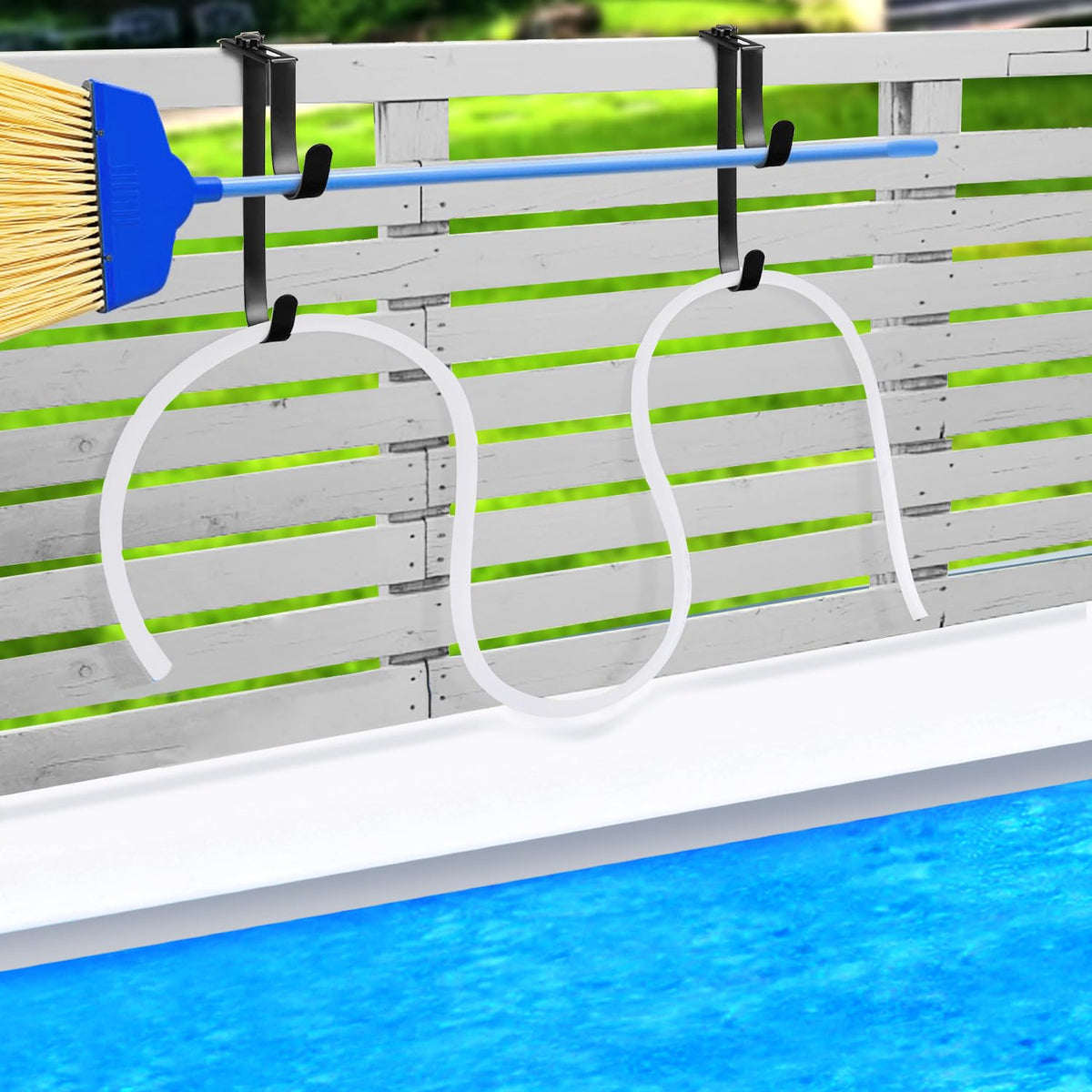 PURPLE STAR 1N easy-install hardware makes setup quick on any pool fence.