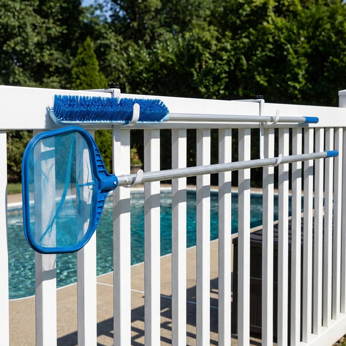 PURPLE STAR 1N fence hook holding leaf skimmer and brush for tidy pool area.