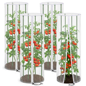 Purple Star 1N garden netting coverage over a round tomato cage protects plants from pests.