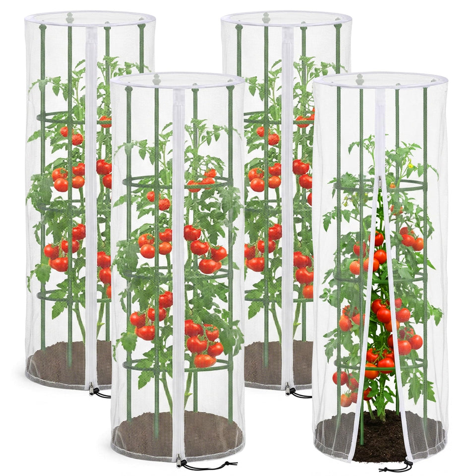 Purple Star 1N garden netting coverage over a round tomato cage protects plants from pests.