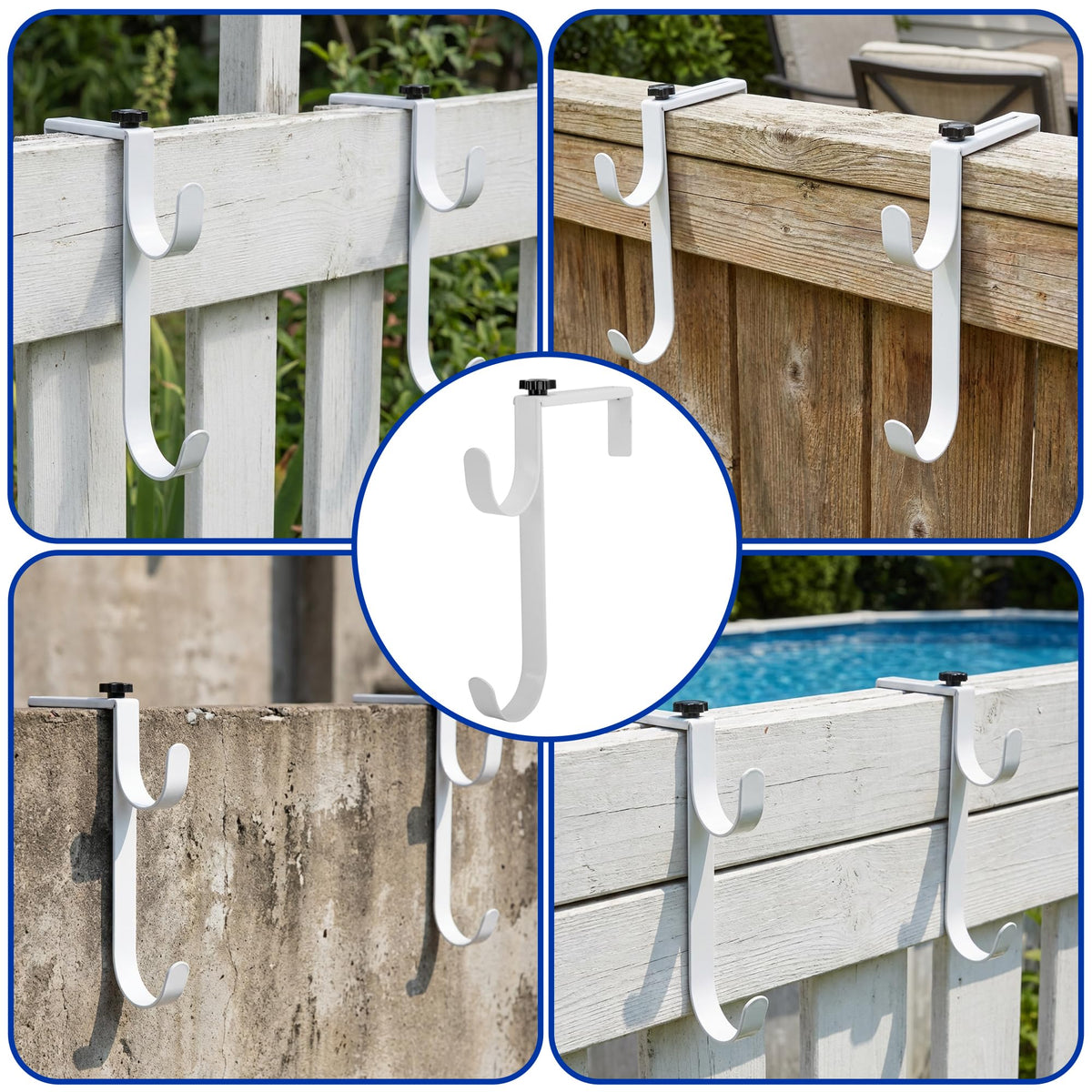 PURPLE STAR 1N UV-resistant pool hook withstands sun while drying on fence.