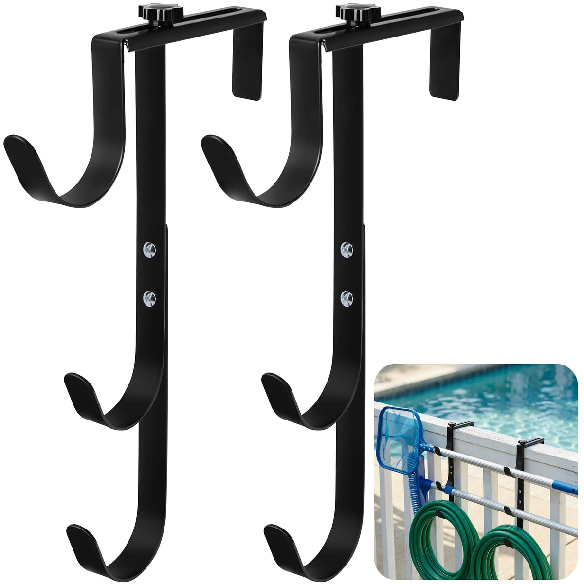 Purple Star 3-layer fence hook holds pool pole accessories neatly along the fence