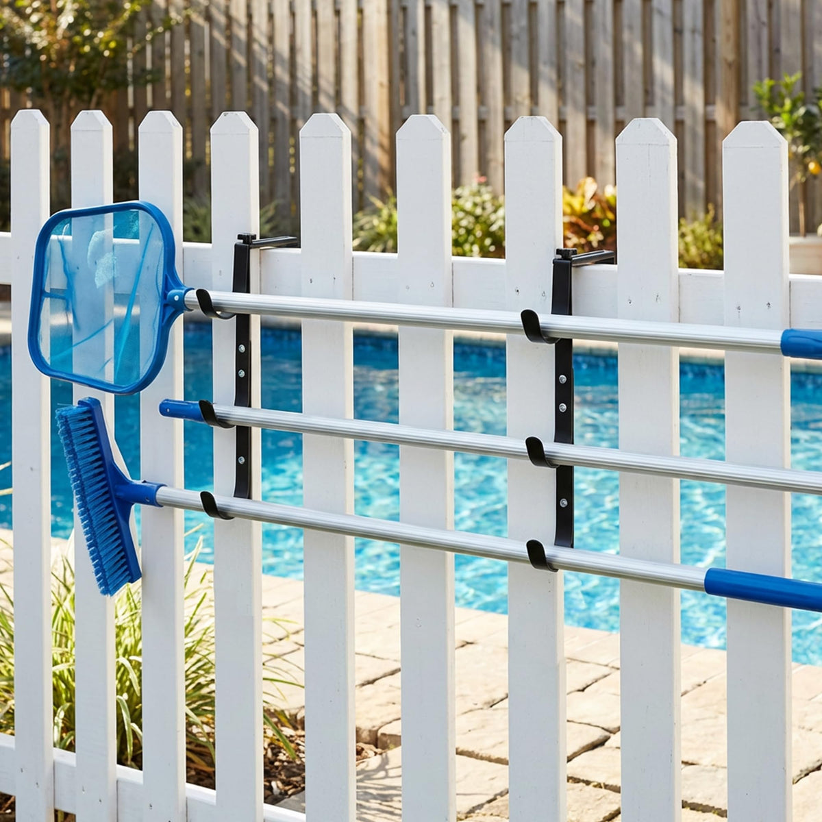 Purple Star versatile outdoor storage solution for pool tools beside the pool