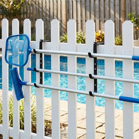 Purple Star versatile outdoor storage solution for pool tools beside the pool