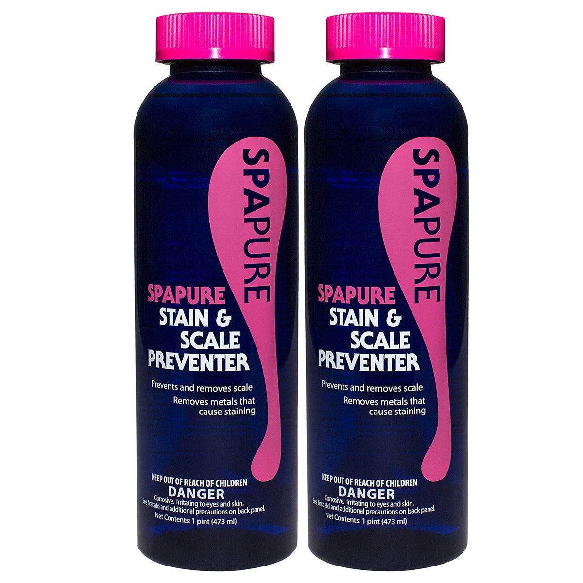 PureSpa SpaPure Stain & Scale Preventer bottle prevents metal stains and scale in spa water.