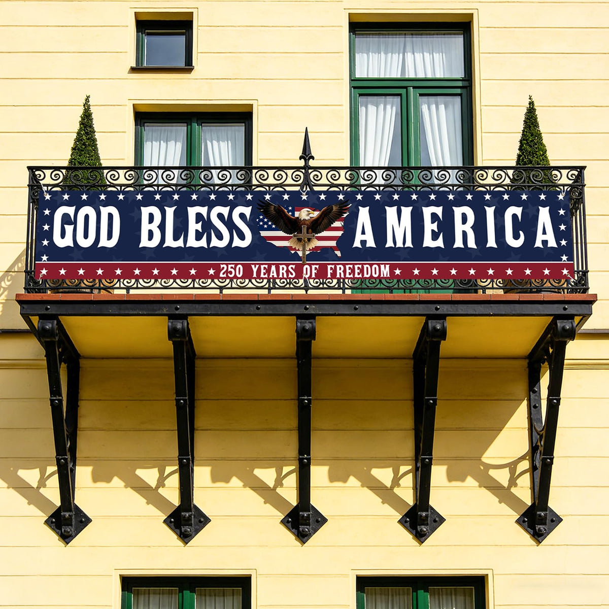 Pusfyeoh 250th Anniversary Banner enhances porch and garden celebrations.