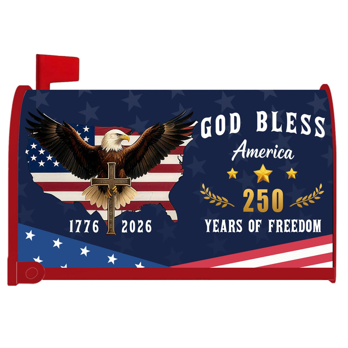 Pusfyeoh 250th Anniversary mailbox cover with stars and stripes.