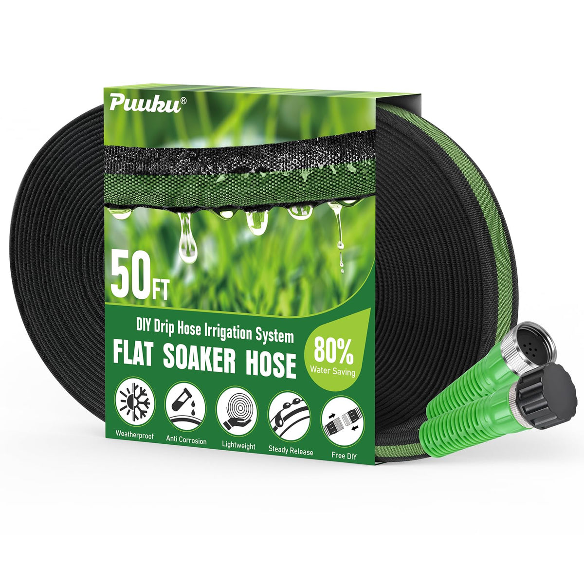 PUUKU 50ft flat soaker hose in garden for even root watering and efficiency