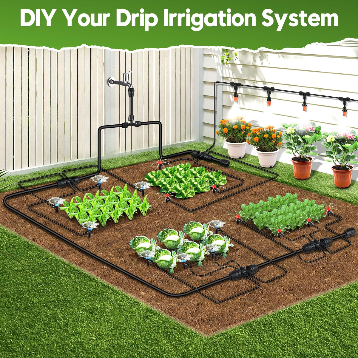 PUUKU automatic watering system in yard with raised bed layout