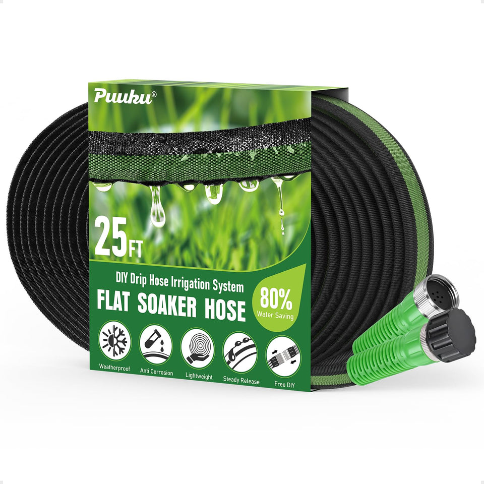 PUUKU flat soaker hose 25ft laid out for efficient root watering.