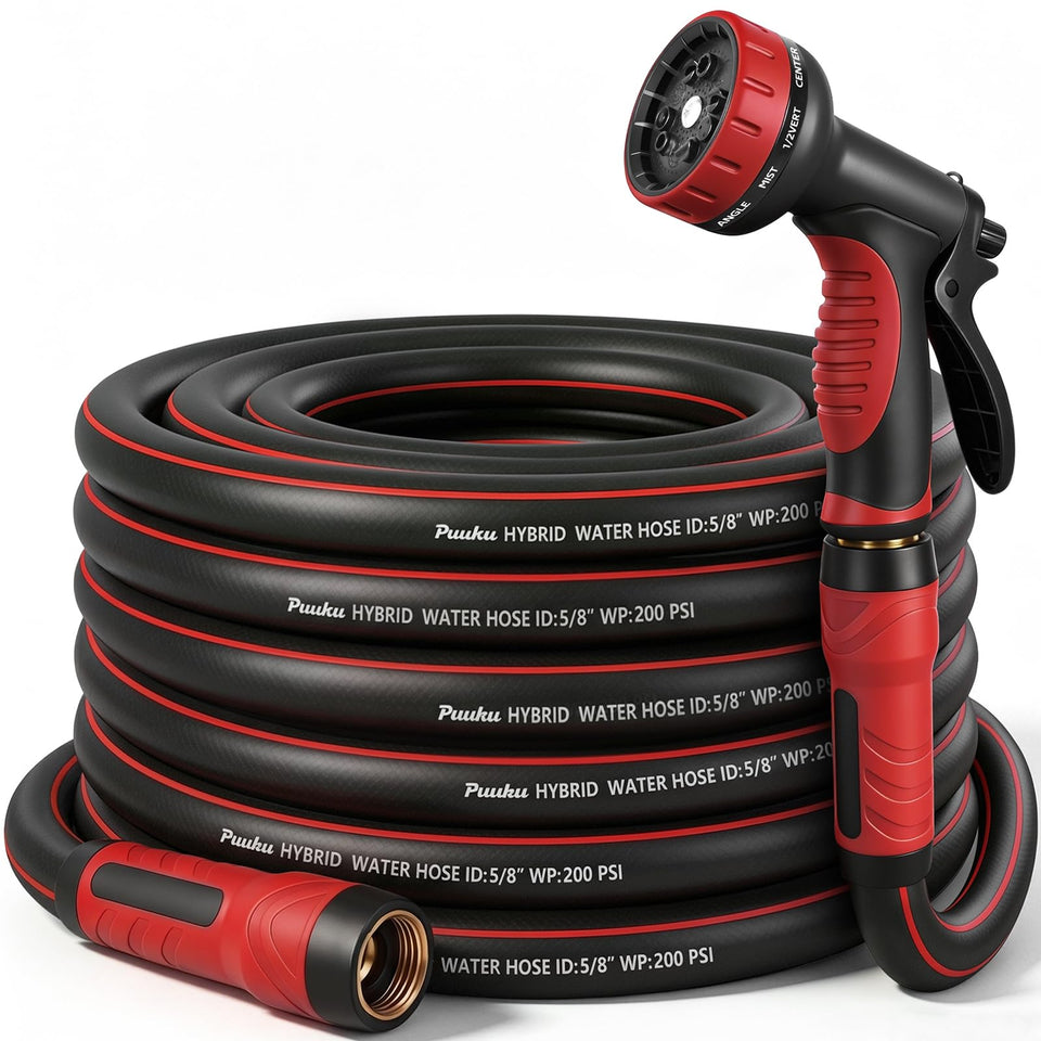 PUUKU garden hose 25ft hybrid construction for lightweight, durable outdoor watering.