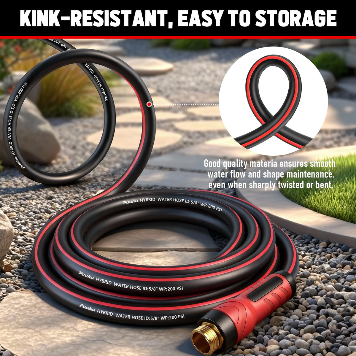 PUUKU hose remains flexible from -40 F to 140 F for year-round use.