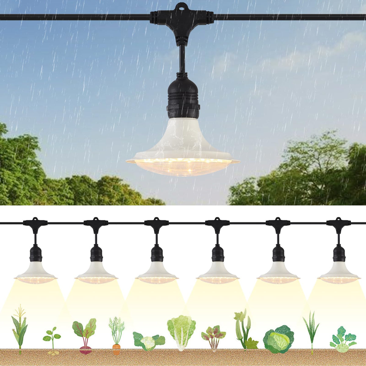 PuxiGrow six-light outdoor kit powering thriving seedlings with full-spectrum light