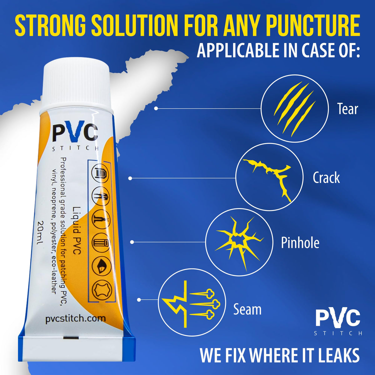 Applying PVC Stitch patch sealant on a rip for a strong, durable seal.