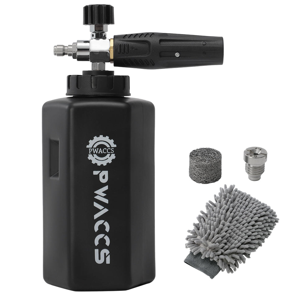 PWACCS foam cannon front view reveals a durable stainless exterior and large fill mouth.