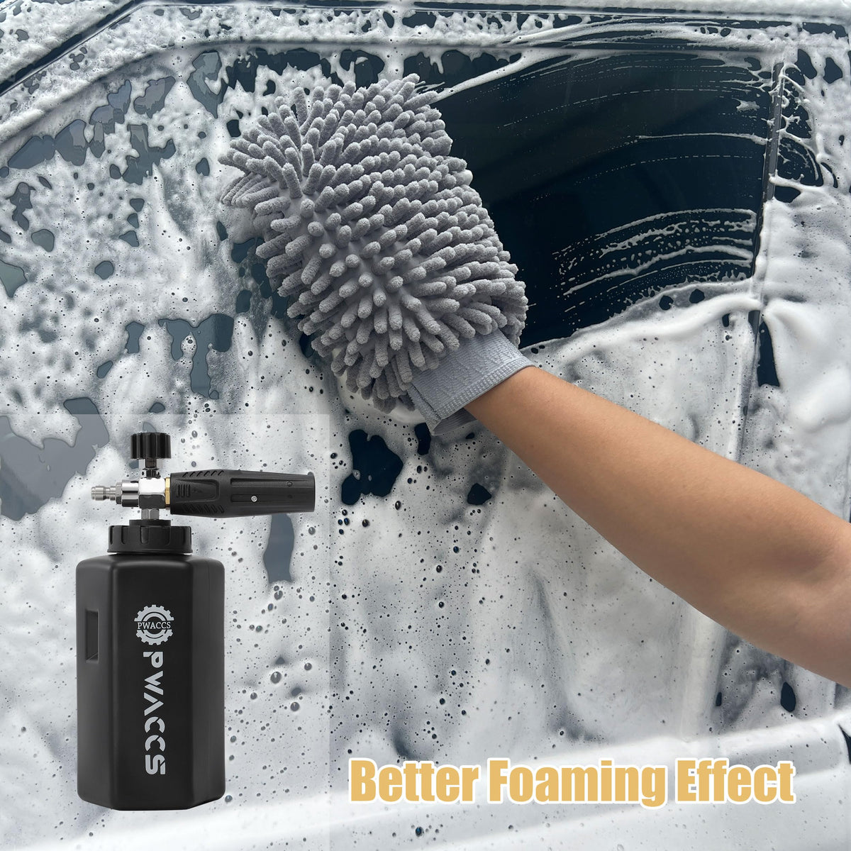 PWACCS foam cannon nozzle adjustment shows adjustable spray for customizable foam output.