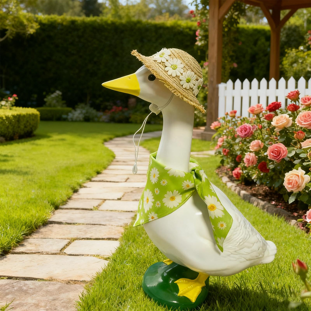 Pwefopessc goose costume on lawn boosts seasonal decorating.