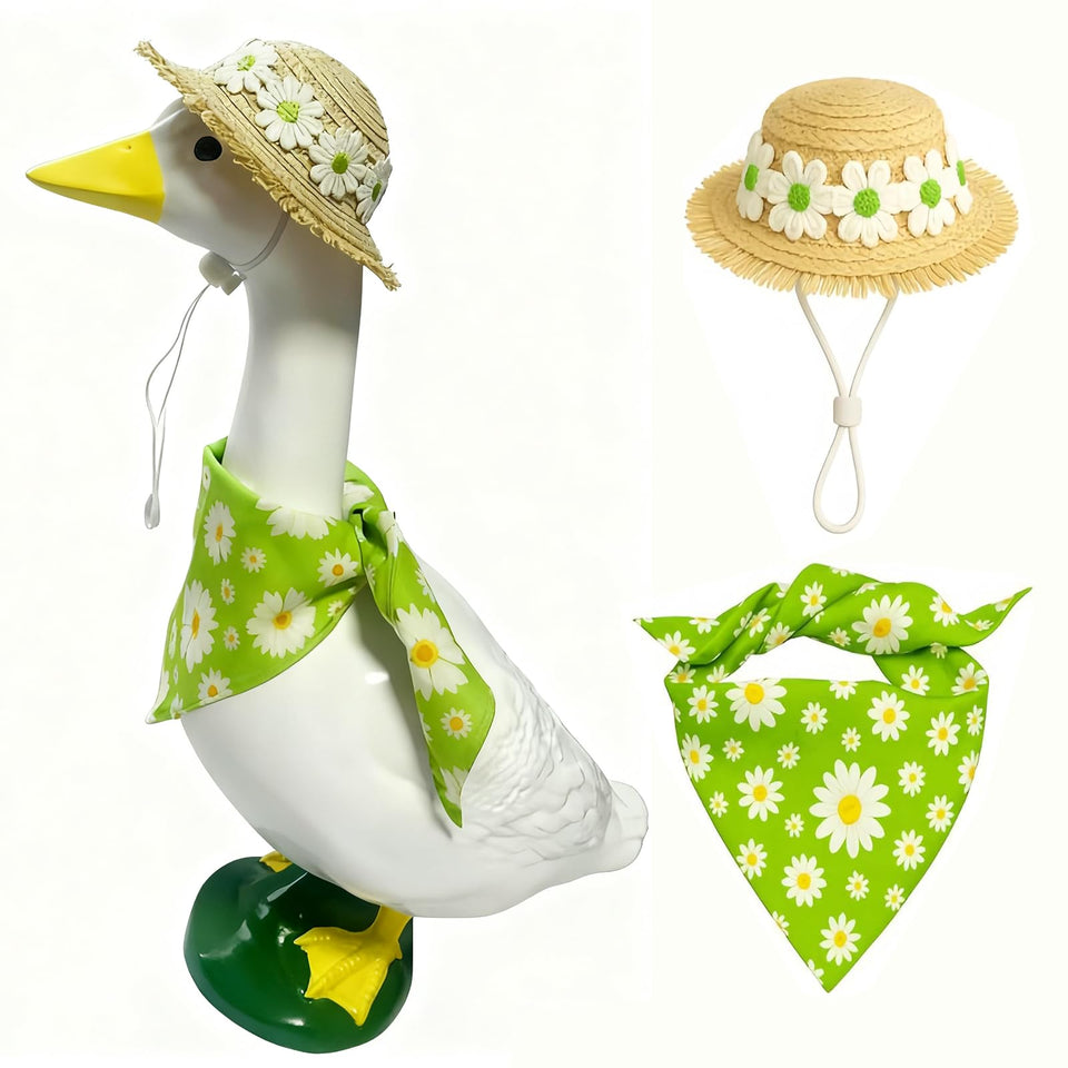 Pwefopessc goose outfit with daisy bandana enhances curb appeal for lawn decor.