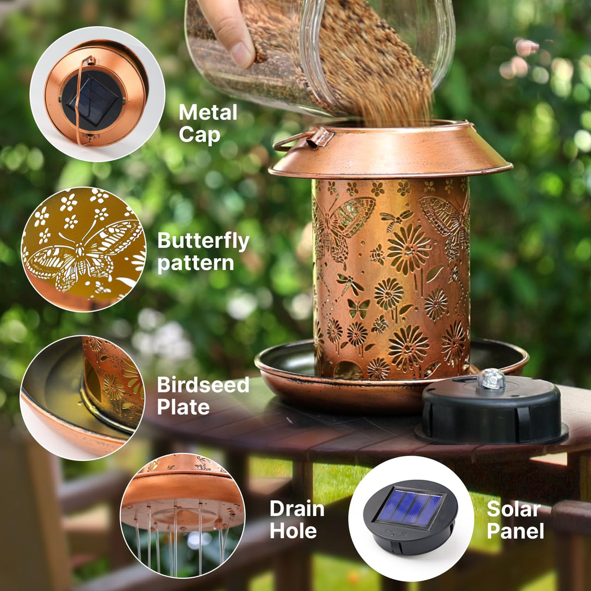 PWOOME outdoor bird feeder decor glows with solar light and functional feeding.