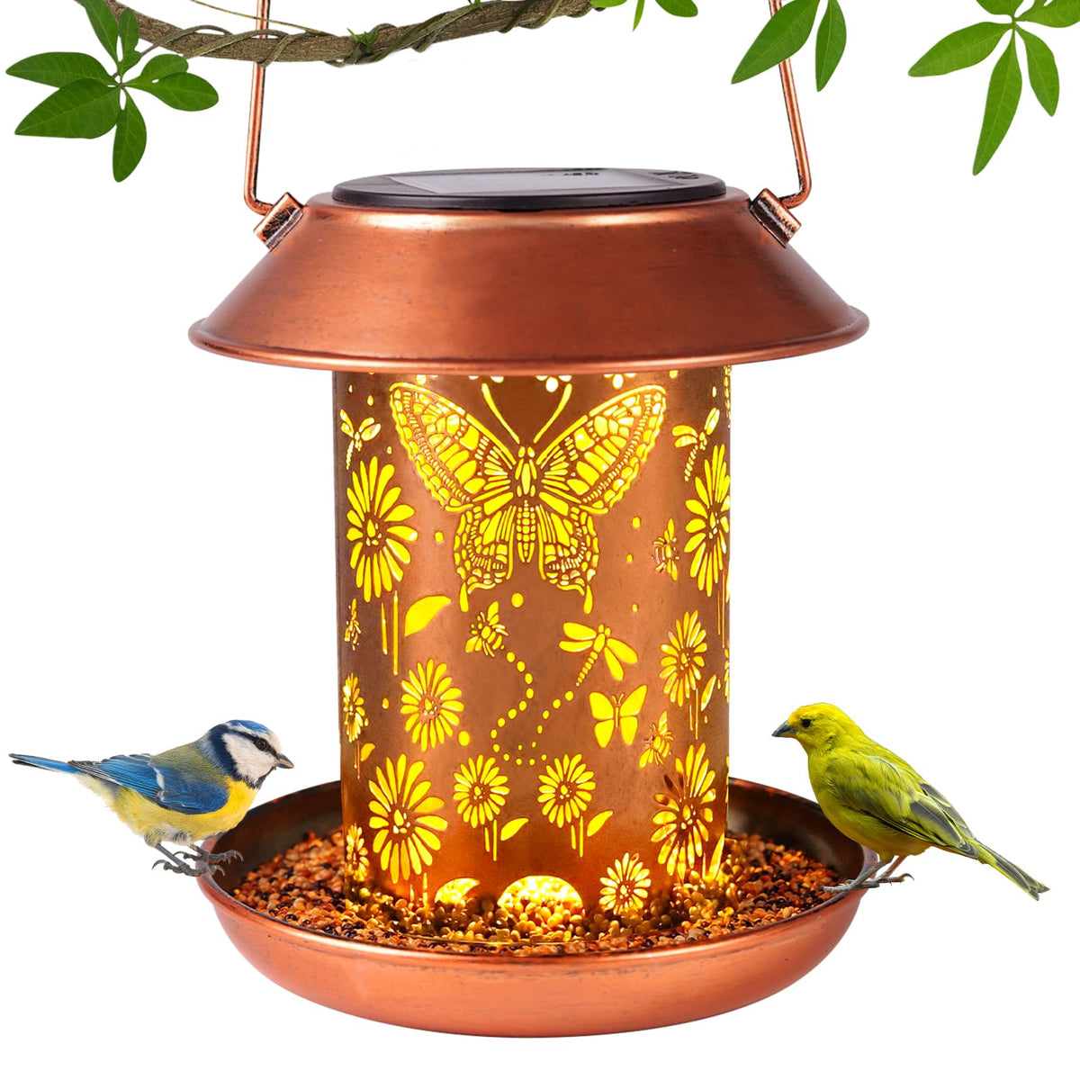 PWOOME solar-powered butterfly lantern bird feeder brightening the patio at night.