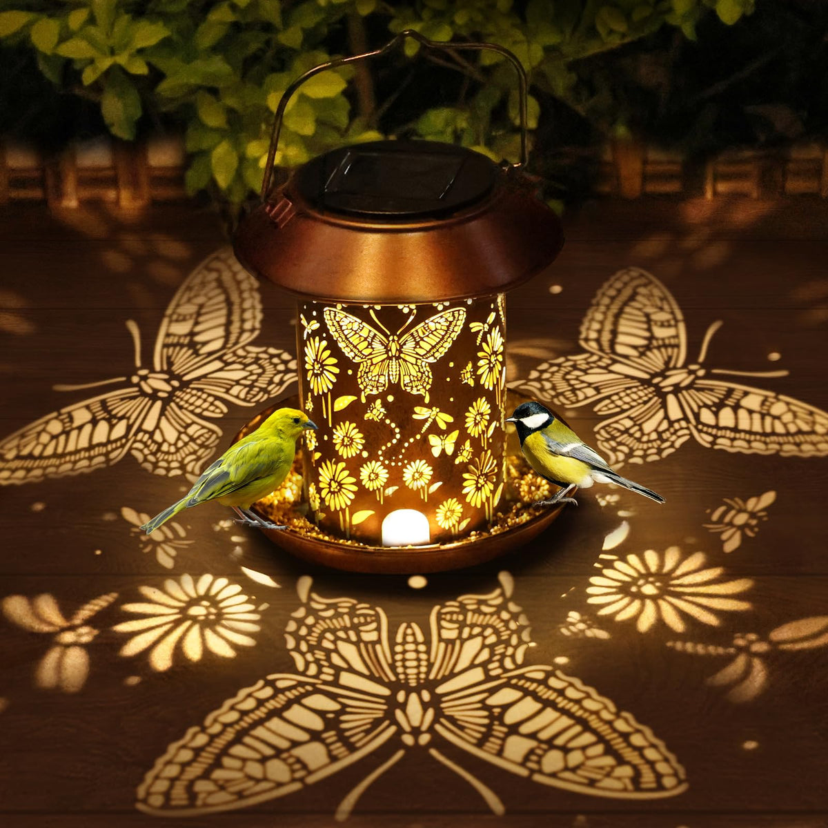 PWOOME solar bird feeder with butterfly lantern hanging on a tree for garden decor and bird viewing.