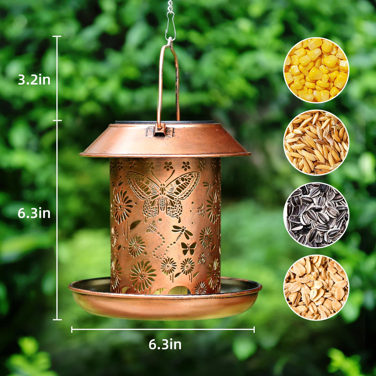 PWOOME metal butterfly lantern feeder drains water to keep seeds dry.