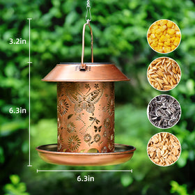 PWOOME metal butterfly lantern feeder drains water to keep seeds dry.