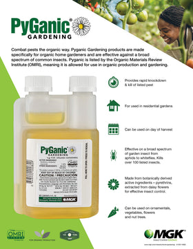PyGanic Gardening Pyrethrin concentrate bottle close-up showing label and outdoor use