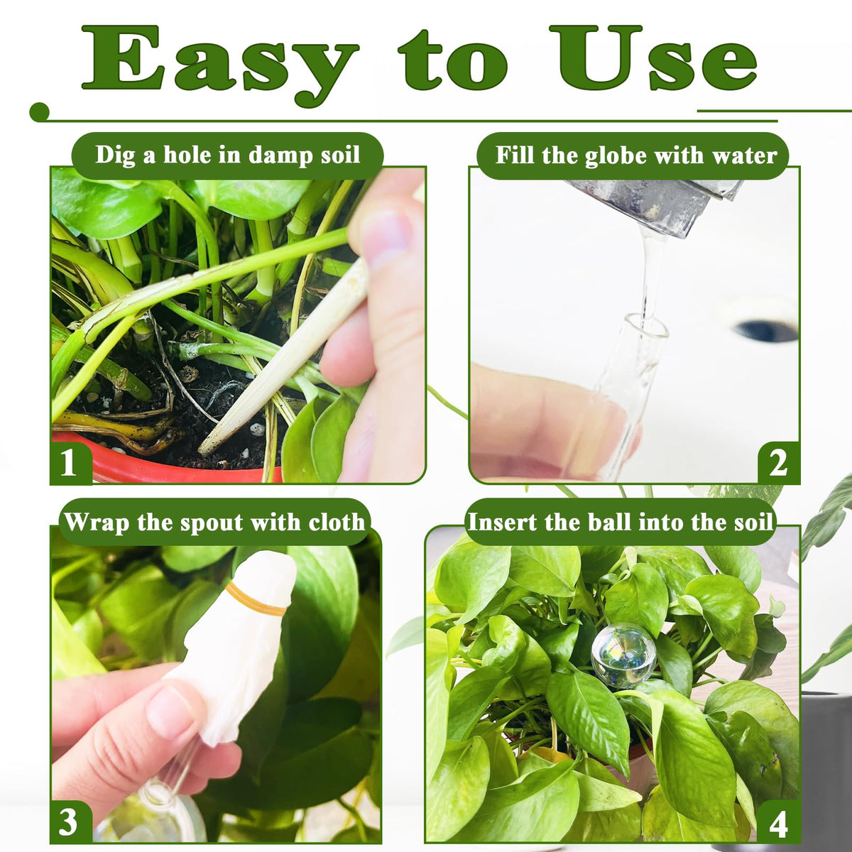 Pynqdfu bulb-shape watering globe ensures gradual water delivery to soil.