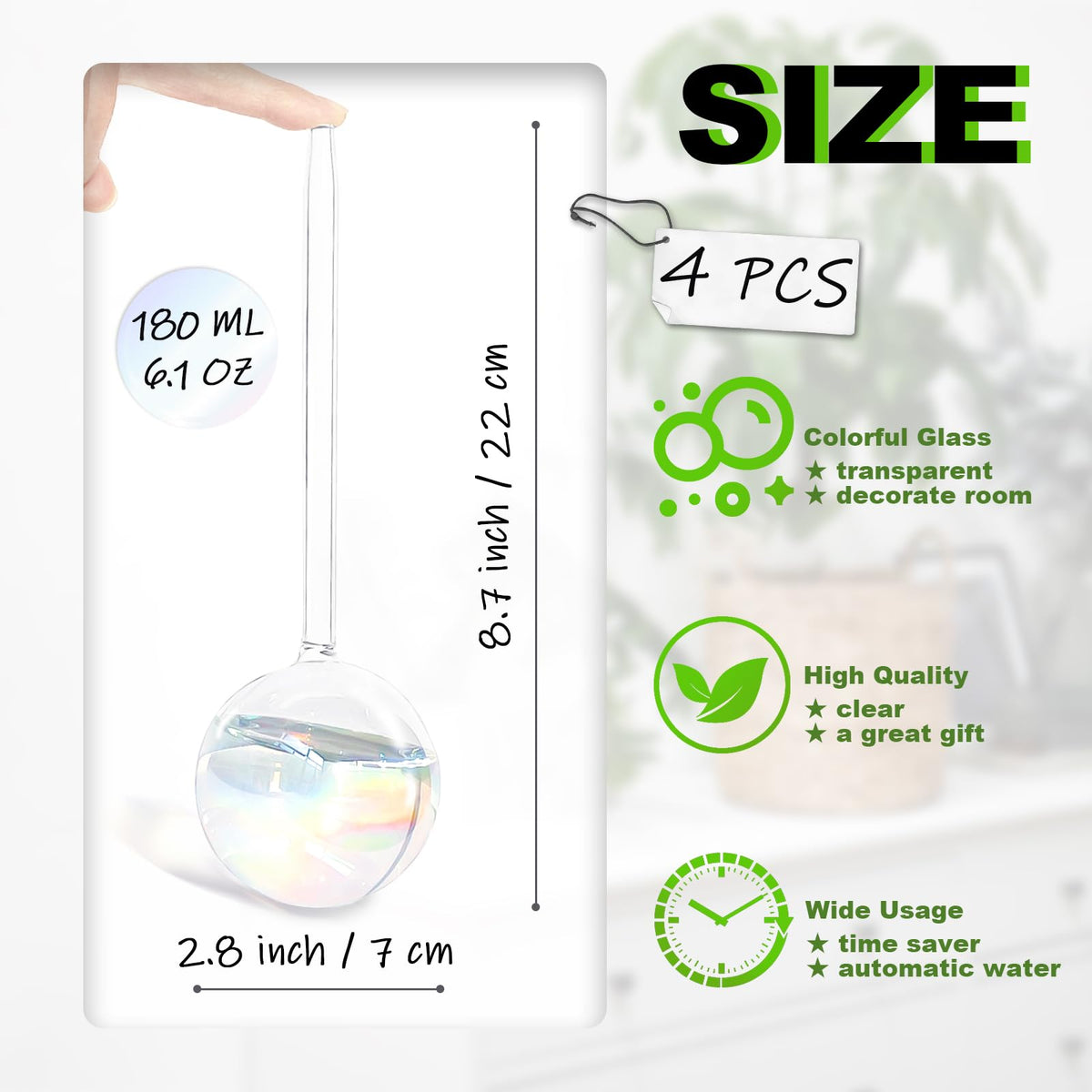 Pynqdfu clear glass self-watering globe maintains soil moisture automatically.