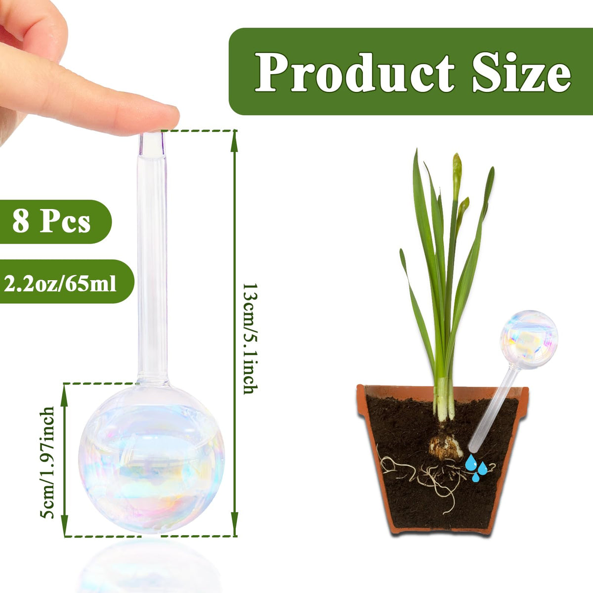 Pynqdfu iridescent glass watering globes provide steady moisture for indoor greenery.