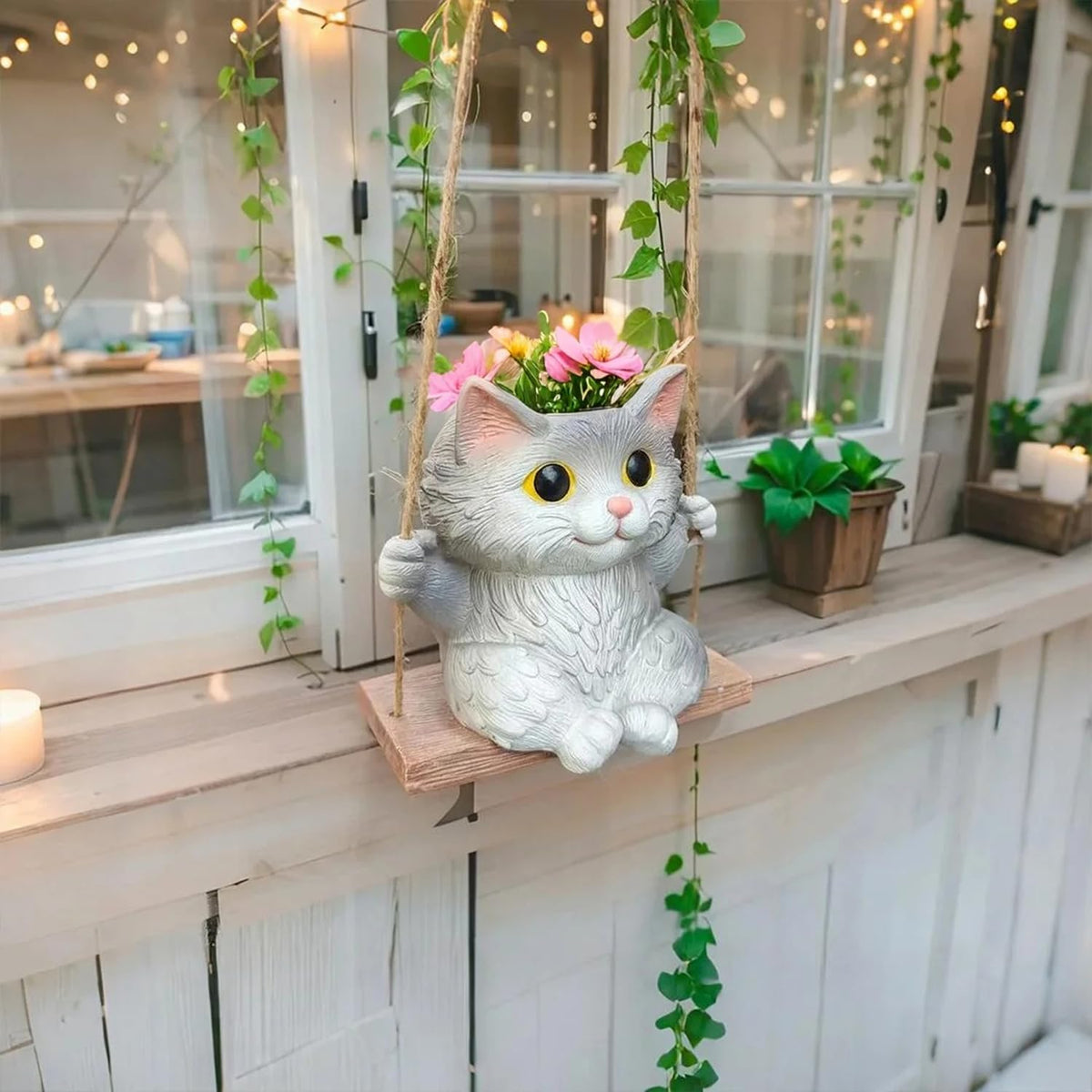 Pyoimmne cat hanging planter shown with an air plant in a small corner