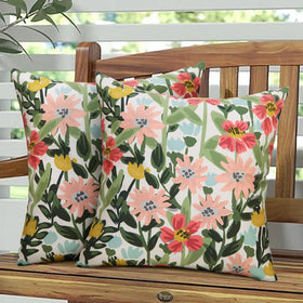 Pyonic outdoor pillow cover with spring floral pattern, colorfully brightens patios and stays waterproof.