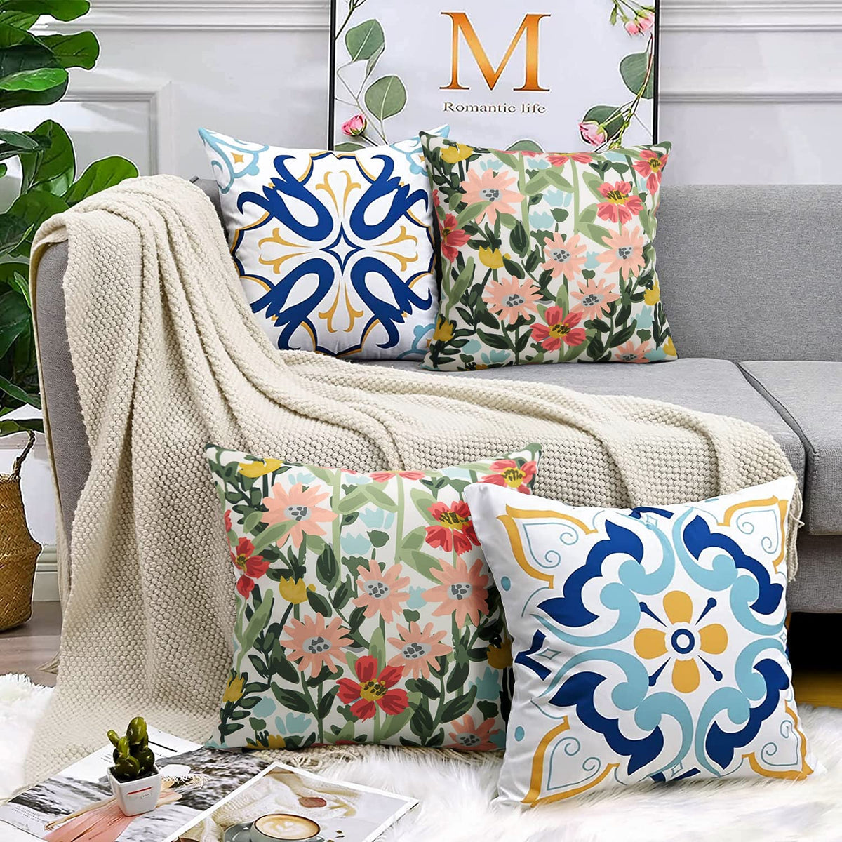 Outdoor pillow from Pyonic in garden setting for patio decor