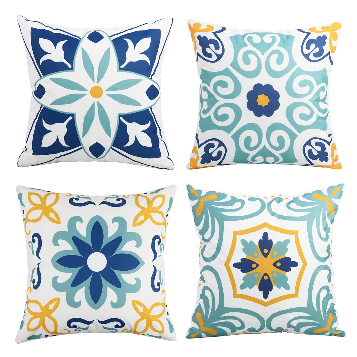 Pyonic floral outdoor pillow cover in blue protecting cushions on patio