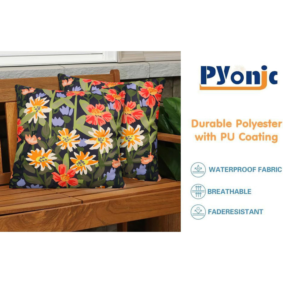 Pyonic 18x18 outdoor pillow cover suits patio, garden, and tent setups.