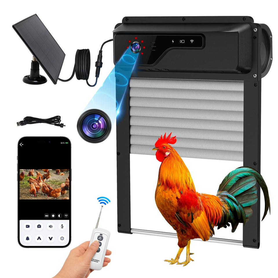 PYUNZGO automatic coop door with WiFi camera for predator deterrence and remote monitoring.