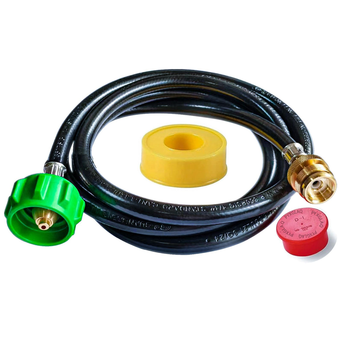 PYXGLAQ 6ft propane adapter hose connected to a Weber Travelev for extended grilling.