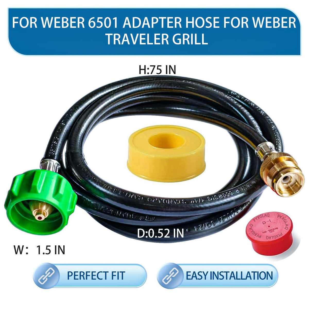 PYXGLAQ hose showing compatibility with Weber Q-series travel grills.