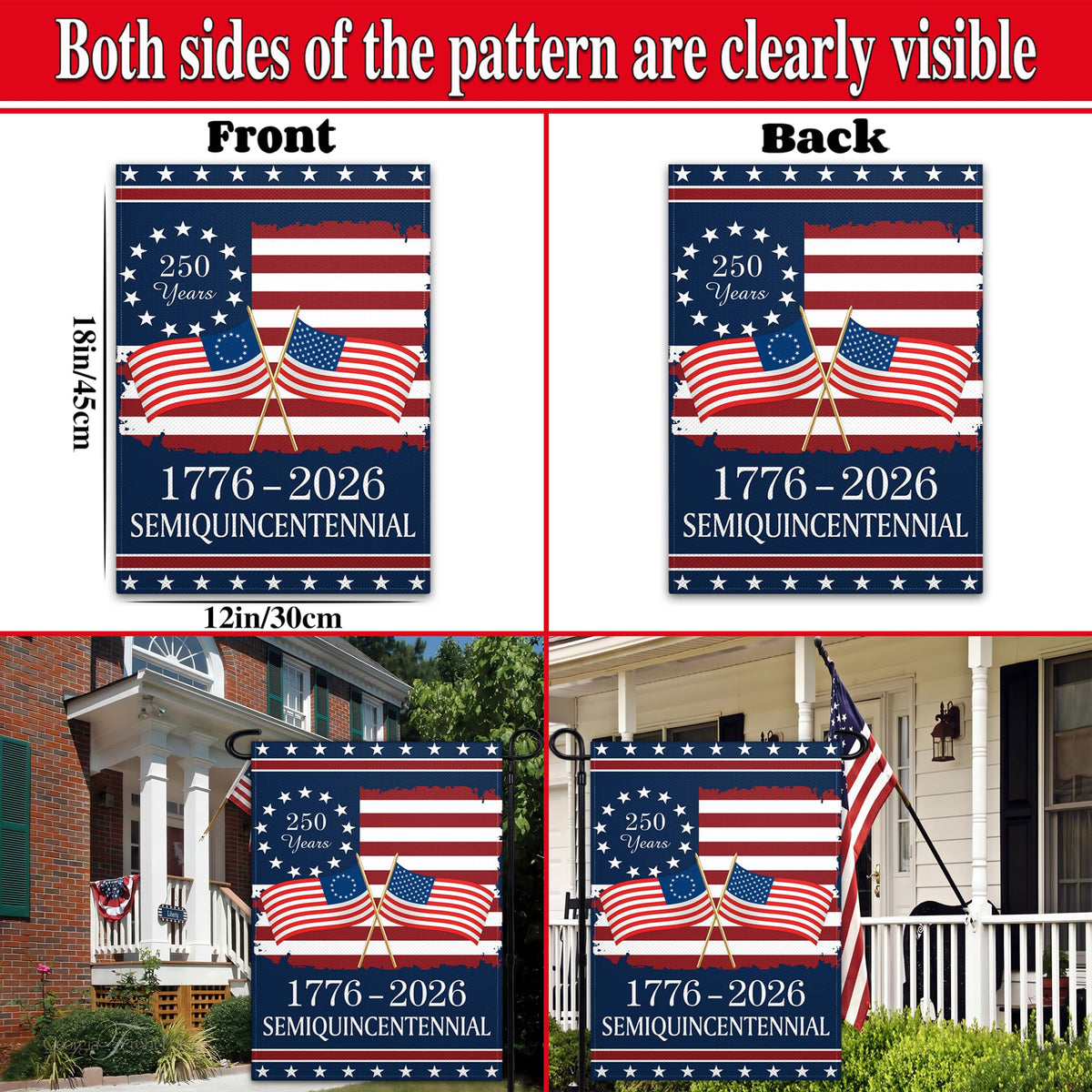 Pziauot 250th Anniversary America Garden Flag hanging on a deck for curb appeal.